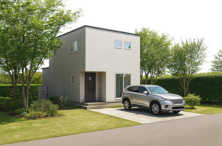 【外観】
駐車3台可能
EVコンセント付き
※掲載の外観は図面を基にCGで描いたもので植栽・色・門扉・形状等、実際とは異なります。