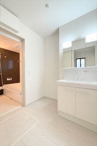 洗面台の鏡裏は収納スペースになっています。
隠す収納でスッキリ周辺を片付けることが出来ます。
小さめのドライヤーならすっぽり収まります。