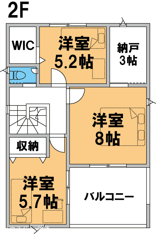 ウォークインクローゼットと納戸を備えた収納豊富な4SLDK住宅。