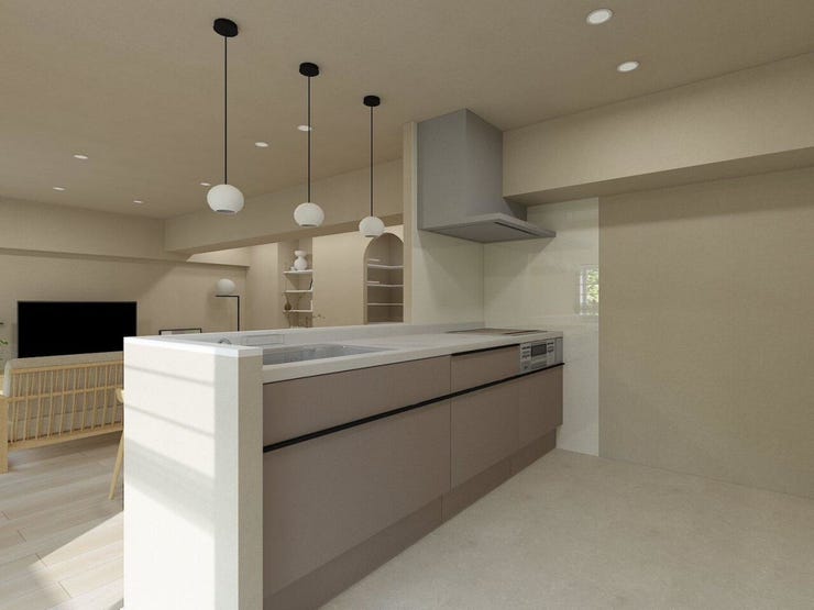 【内観パース/キッチン】調理道具や食器などをたっぷり収納でき、お手入れも簡単なシステムキッチンを採用♪毎日のお料理を効率的にしてくれる動線は「1分でも家事時間を短縮したい」という思いを叶えてくれます♪