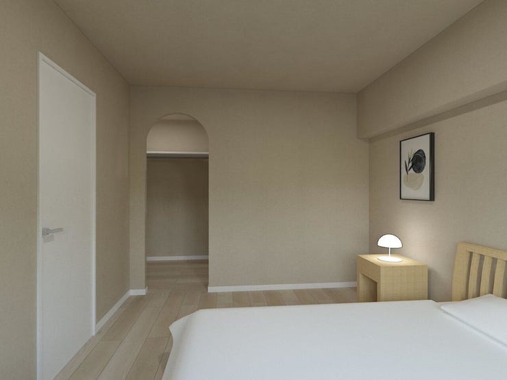 【内観パース/洋室】明るい雰囲気の洋室です。広々とした明るいお部屋で、陽射しもたっぷり入ってきます。収納もご夫婦の衣類がたっぷり収納できるクローゼットがございます。ご夫婦のご主寝室にいかがでしょうか♪