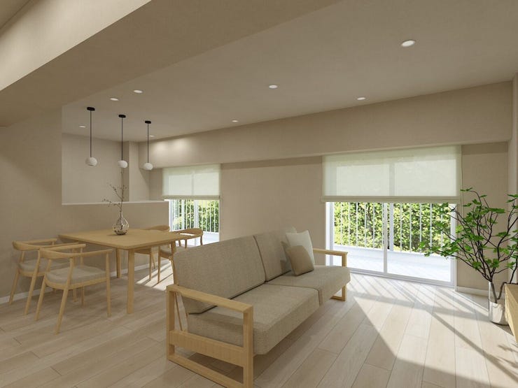 【内観パース/リビング】光が優しく差し込む明るいリビング♪最高の家族団らんのお時間をお過ごしいただけます♪ひろびろとしたLDKで、ソファや4人掛けテーブルを置いても使いやすい配置です。