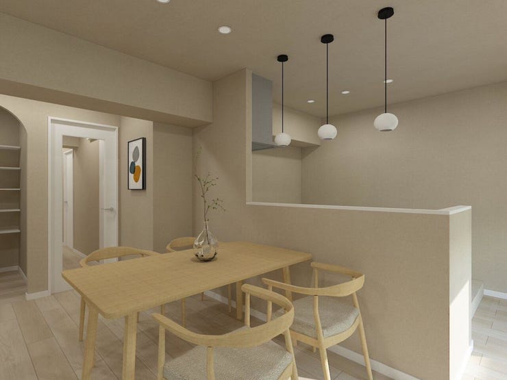 【内観パース/ダイニング】ダイニングテーブルを置いてもゆとりのある広さで、収納もしっかり◎腰窓からの採光で明るい空間となっており、心地よい食事の時間をお過ごしいただけます♪