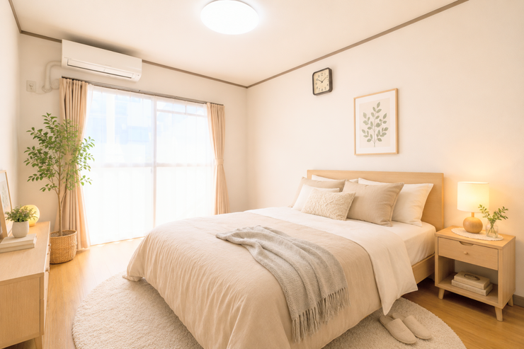 【南側6帖洋室】バルコニーに面したお部屋です。
お天気のいい日にはたっぷりと陽を取り込むことができ、
ベッドの上のお布団もふかふかになりそうですね。