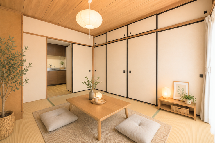 【南側6帖和室】リビングとつながる畳敷きのお部屋は、
お客さまが遊びに来た時にも使えますし、
ちょっと疲れた時にお昼寝できるのもうれしいですね。
