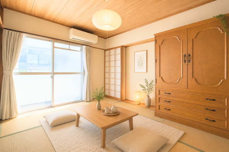 【南側6帖和室】バルコニーへ出入りのすることが出来るお部屋です。
お部屋の中には南向きの窓から暖かな光と風が入り込む素敵な空間になります。