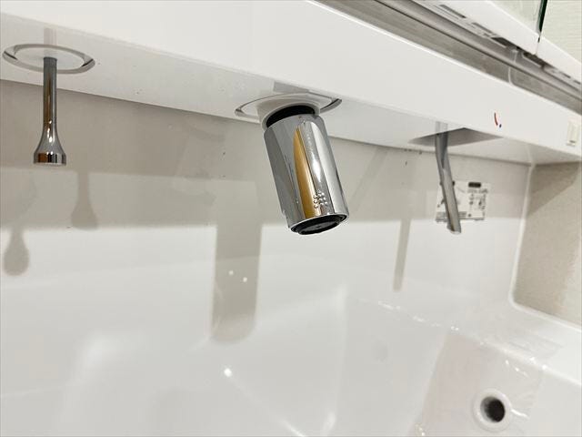 ハンドシャワー付き洗面台。広い洗面ボウルでは楽にシャンプーや手洗い洗濯ができます。