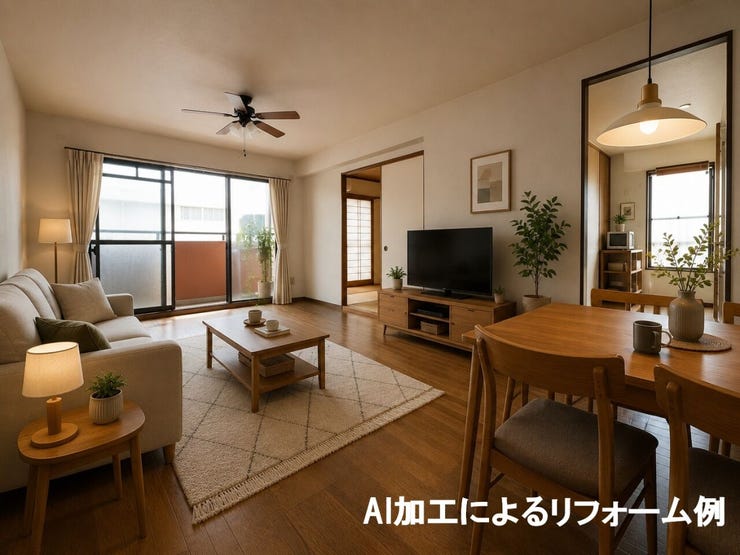 【リビング】
◆リフォーム例
AIにより元の間取りを活かして、ソファやラグなどの家具を配置したイメージ図を作成しました。
※AIにより加工しています。