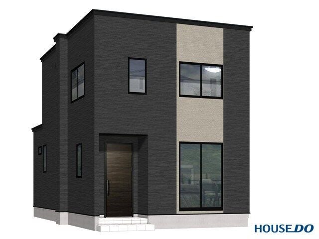 【外観】
黒を基調とした外壁に、グレーの縦ラインがスタイリッシュなアクセントを添える洗練された外観デザイン。玄関ドアには落ち着きのある深いブラウンを採用し、クールな外観に上品な温かみをプラスしました。