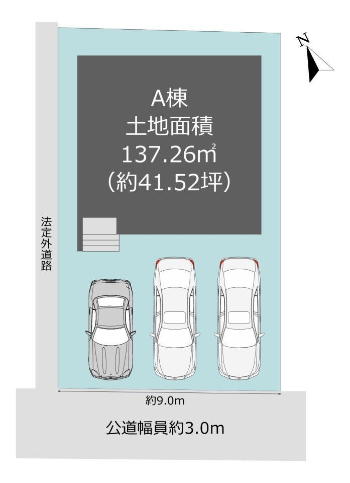 車種にもよりますが、駐車並列3台可能です。
間口が広々としているので、駐車もしやすそうですね。