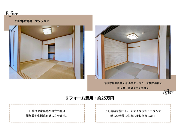 弊社では中古物件のリフォームも幅広く対応しております!
クロスの張替え等の軽微な手直しや、水回り、全体のリノベーションまでお気軽にご相談ください♪
※弊社のリフォーム事例です