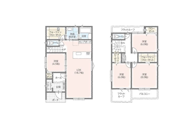 【間取り】
2階建て。4LDK。LDK18.7帖。シューズクローク。対面式キッチン。1階洋室4.5帖。ファミリークローゼット。2階洋室6帖2部屋。洋室8帖。主寝室にウォークインクローゼット。