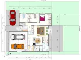 【間取り図】
約21帖のLDKを中心に家族が自然と集まる平屋プラン。対面キッチンでリビングを見渡せる設計に加え、家事動線にも配慮された暮らしやすい間取りです。