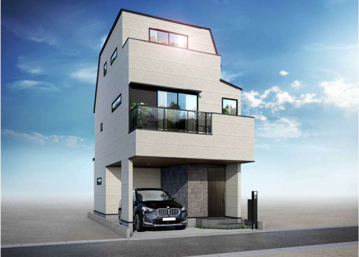 【外観】
ビルトインガレージ付きの3階建て都市型住宅。バルコニー採光も良好で、外観はスタイリッシュなデザインです。