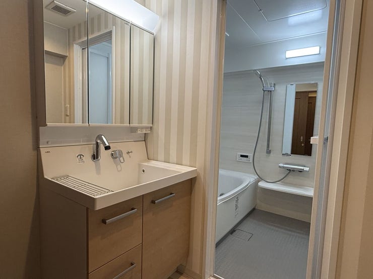 三面鏡付洗面化粧台鏡の中が収納スペースになっているので、散らかりがちな洗面用具もスッキリと収納できます。 (2)