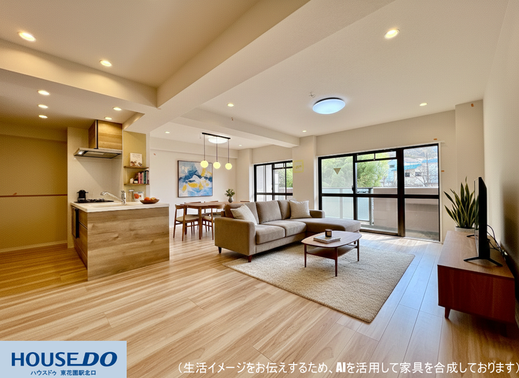 【リビング】
横幅のあるワイドなリビング設計。
大きな窓から光が奥まで届く、開放的な空間です。柱の出っ張りが少ないため、大型のソファやテレビボードも壁際にすっきりと配置でき、ゆとりある家具レイアウトが可能です。