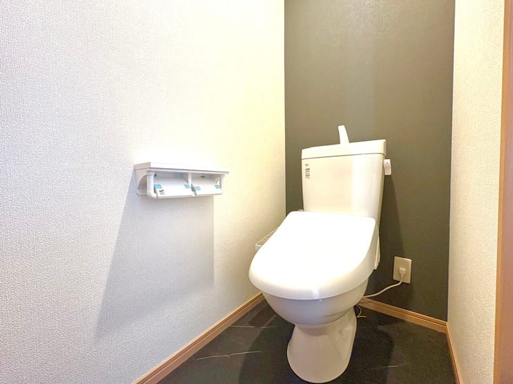 2階トイレ:温水洗浄便座付き、手洗い器一体型です。2連式のトイレットペーパーホルダーを採用しています!