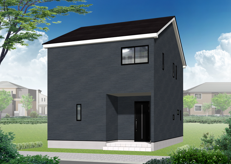 【外観】
落ち着いたダークグレーの外壁が、重厚感と上質さを演出。
直線的で無駄のないフォルムが、洗練された印象を与えるモダンデザイン住宅です。