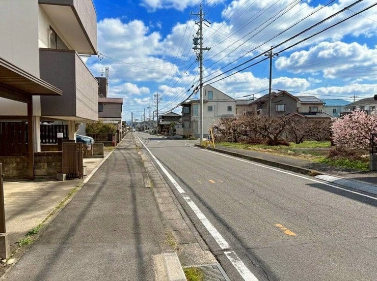 ◇前面道路◇
道路幅はゆとりある約10m。車2台がすれ違っても安心な幅です。歩道もきちんとあるので、小さいお子様と手つないで横並びに歩いても安心な広さですね。