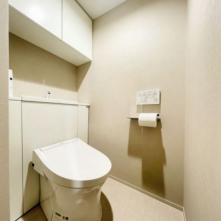 背面に収納一体型の手洗いカウンターを設けた、すっきりとしたデザインのトイレ空間。
※AIによる家具消し加工を施しております。