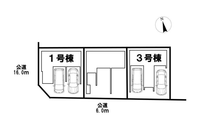 【全体区画図】全3棟の分譲地です!実際に現地をご覧いただき、陽当たりや風通し、駐車スペースや前面道路をご確認ください!学校やスーパーなど周辺施設も一緒にご案内いたします!