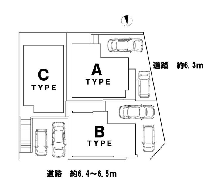 【全体区画図】全3棟の分譲地です!実際に現地をご覧いただき、陽当たりや風通し、駐車スペースや前面道路をご確認ください!学校やスーパーなど周辺施設も一緒にご案内いたします!