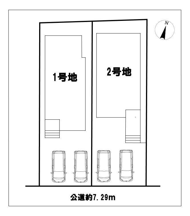 【全体区画図】全2棟の分譲地です!実際に現地をご覧いただき、陽当たりや風通し、駐車スペースや前面道路をご確認ください!学校やスーパーなど周辺施設も一緒にご案内いたします!