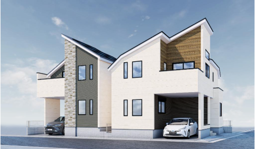 【外観】
ZEH水準仕様・太陽光パネル設置のスタイリッシュな外観。ビルトインガレージ付きで雨の日も安心です。