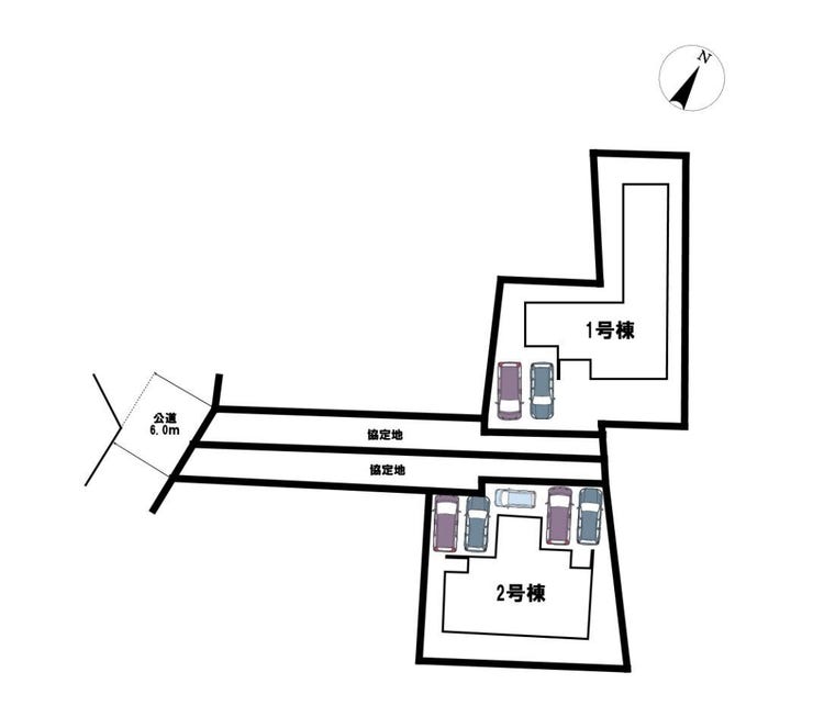 【全体区画図】全2棟の分譲地です!実際に現地をご覧いただき、陽当たりや風通し、駐車スペースや前面道路をご確認ください!学校やスーパーなど周辺施設も一緒にご案内いたします!
