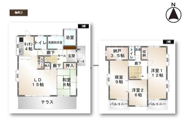 15帖LDKを中心に機能的に配置された2階建てプラン。カウンター付きL字キッチンを備え、生活と作業空間を分けやすい設計。独立利用や賃貸・事業用途にも適した間取りです。