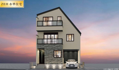 【外観】
ZEH水準仕様の省エネ住宅。ビルトインガレージ付のスタイリッシュな3階建邸宅です。