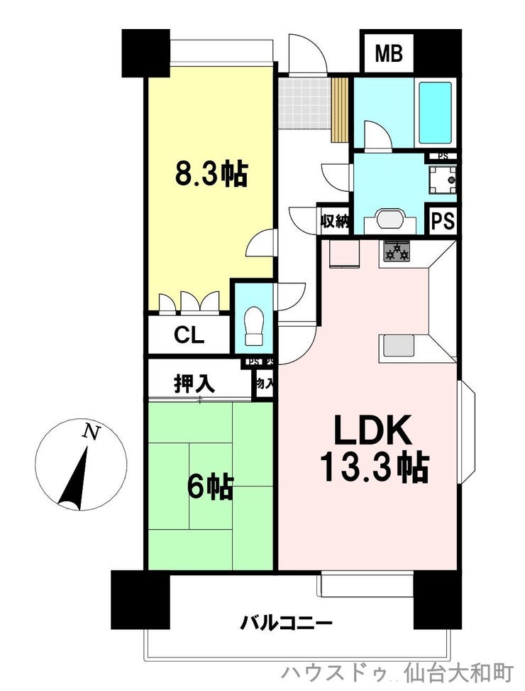【間取り】
2LDK 専有面積(壁芯):63.85㎡ バルコニー面積:8.92㎡