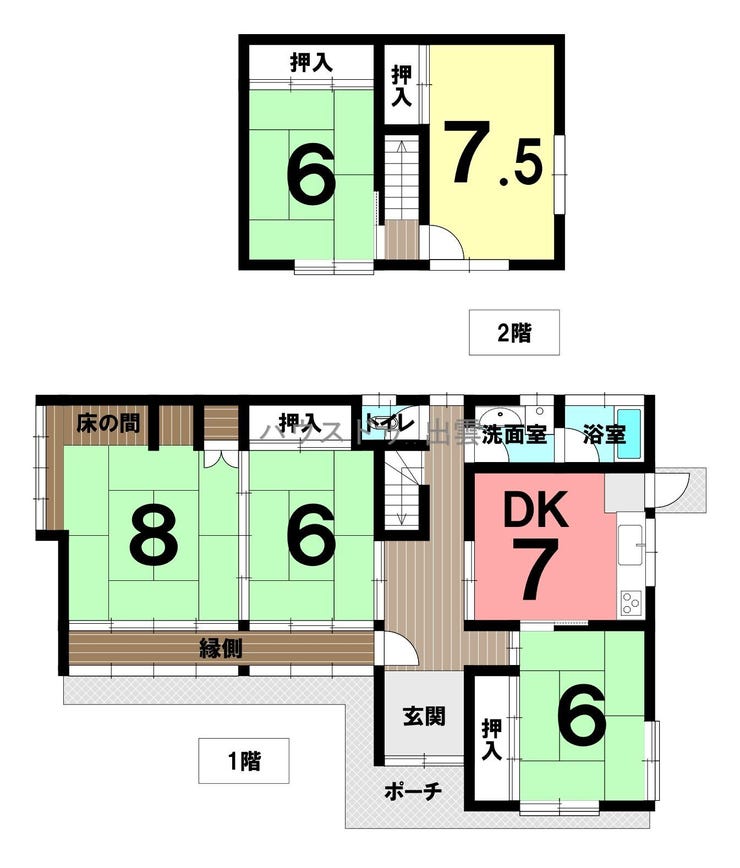 【間取り】
和室の続き間があり、来客が多いときは襖をあけて広く使えます。2階には2部屋あり個人部屋として使えます。