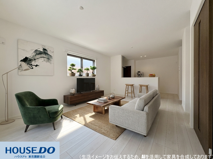 【リビング】
施工事例:大蓮東5丁目モデルハウス
光を反射する明るいフローリングが室内を隅々まで照らします!対面式キッチンからリビング全体が見渡せるため、室内で過ごす様子を把握しながら家事に専念できる構造です♪