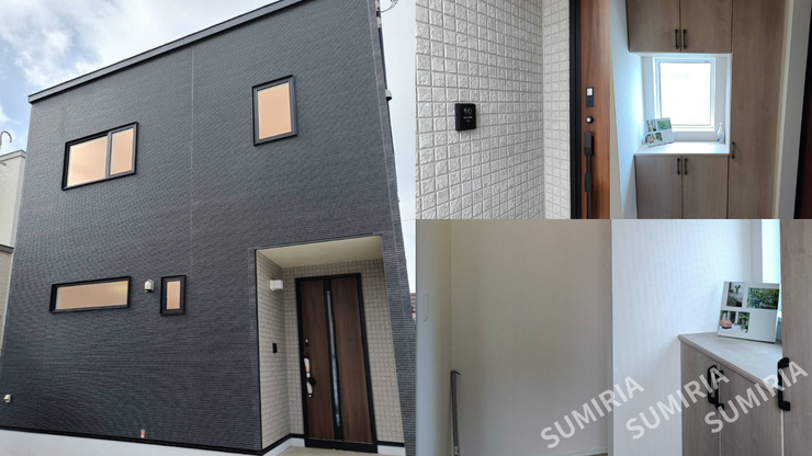 【外観】
南向きの明るい立地に建つ落ち着いた外観。駐車スペース複数台分を確保したゆとりある敷地です。