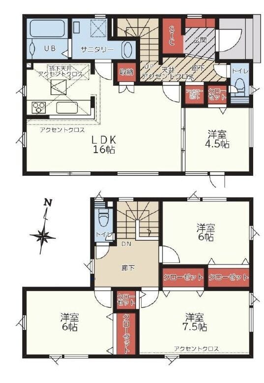 【間取り】
家族それぞれの個室を確保しやすいゆとりの居室配置。南向きの明るいリビングで家族団らんが広がります。