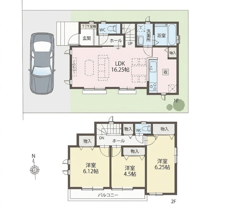 【間取り】
南向きバルコニーで明るい居住空間。LDK16帖超に全居室収納付き、家族でゆとりある暮らしが叶う間取り