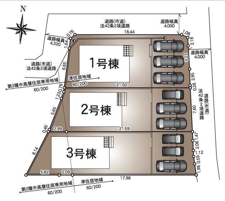 全3棟の区画配置図です。各棟とも駐車スペースを3台分確保しており、前面道路との位置関係や全体の配置も確認しやすい区画計画です。