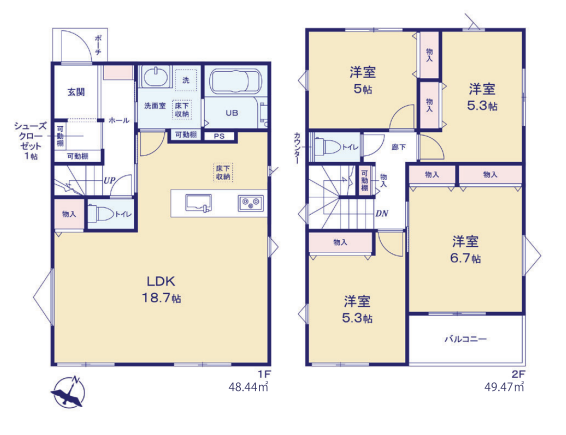 【間取り】
全室2面採光で明るい室内。18.7帖の広々としたLDKは家族団らんの場所に最適。各居室には収納を完備し、2階のバルコニーも魅了です。使い勝手の良い4LDK。