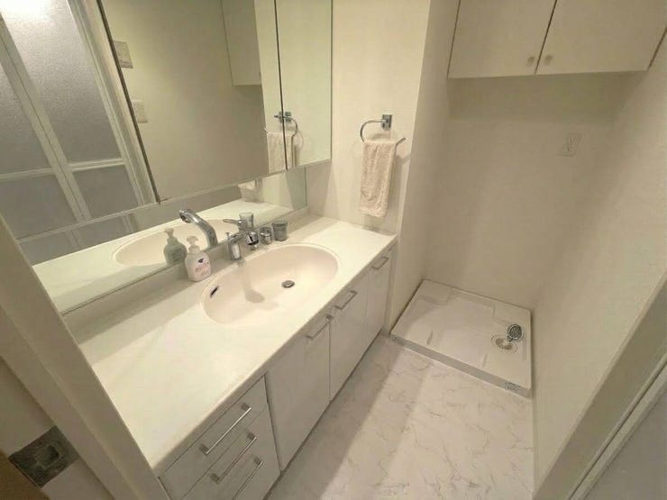 ■洗面所■
ゆとりある広さの洗面スペースには三面鏡付き洗面化粧台を設置。鏡裏収納も備えており、洗面用品や小物もすっきり整理可能。朝の身支度も快適に行える使い勝手の良い空間です。