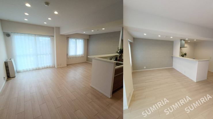 約17.3畳の広々LDK
家具を置いてもゆとりがあり、家族団らんや来客時のおもてなしにも最適な開放空間。