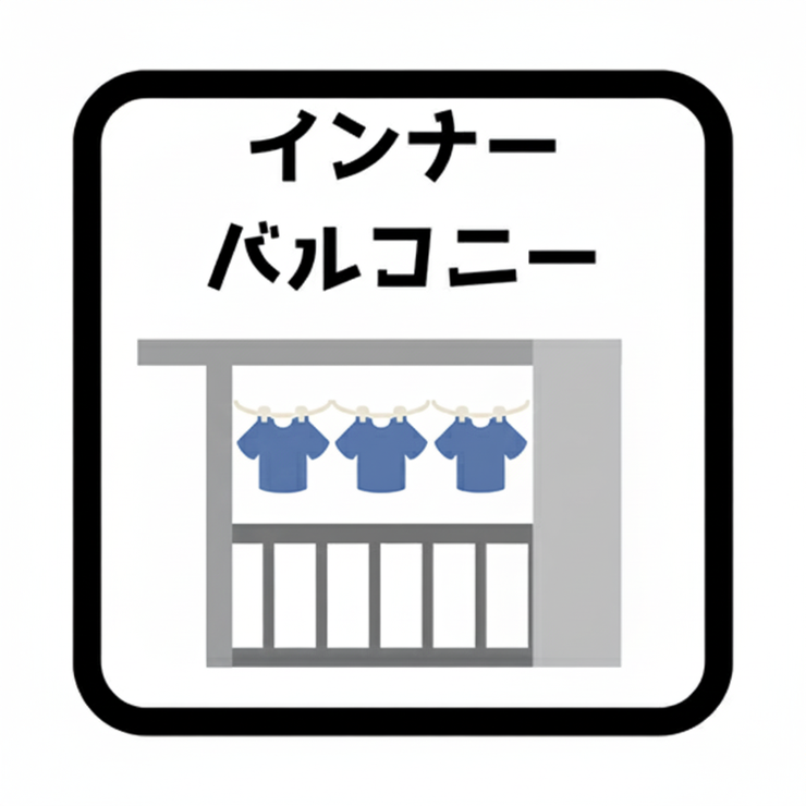 インナーバルコニーは雨や風、直射日光を防ぐ構造になっているため、洗濯物を干す場合でも安心して使用できます。