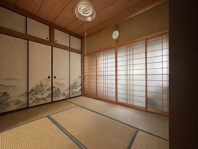 1階和室6帖:採光の良い和室は、日差しが差し込む明るく心地よい空間で、のんびりと寛げます。
※物消し加工を行っています。