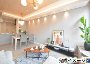 ダウンライトが映える上質なリビング空間。対面キッチンで家族との会話が弾む開放的なLDKです。