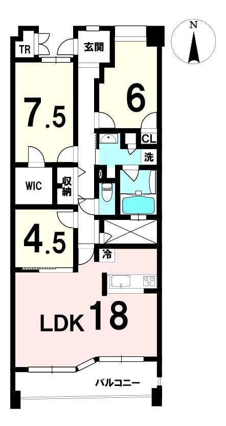 【間取り】
18帖LDKを中心に、各洋室が程よく独立した使いやすい3LDK。