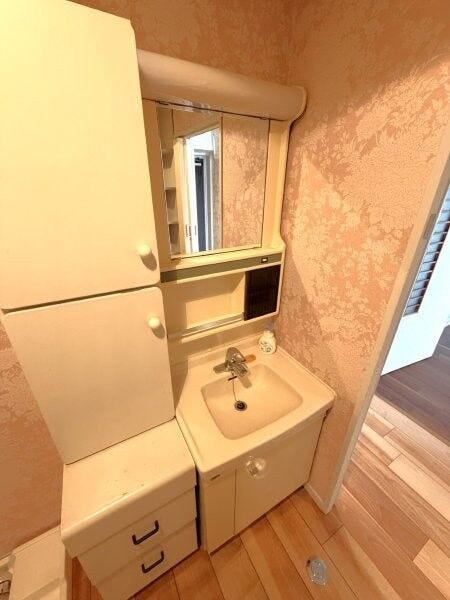 洗面台の横には収納棚があります。洗剤のストックが出来ますね。