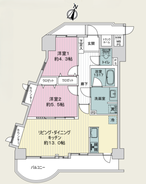 【間取り】
2LDKの使いやすい間取り。各居室に収納付きで生活空間をすっきり保てます。リビング約13帖でゆとりある暮らしを実現できます。