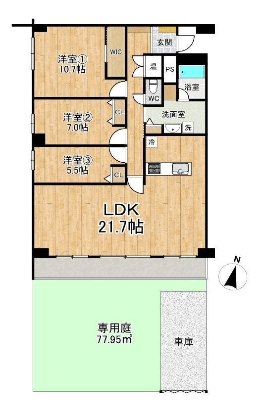 【間取り】
◆3LDK◆専有面積107.06㎡◆専用庭面積77.95㎡
