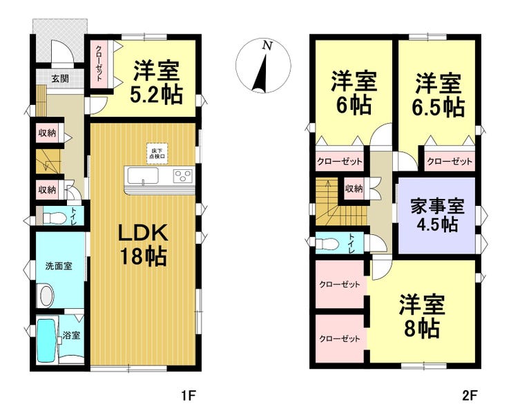 【間取り】
4LDK
1階 LDK18帖、洋室5.2帖
2階 洋室8帖、6.5帖、6帖