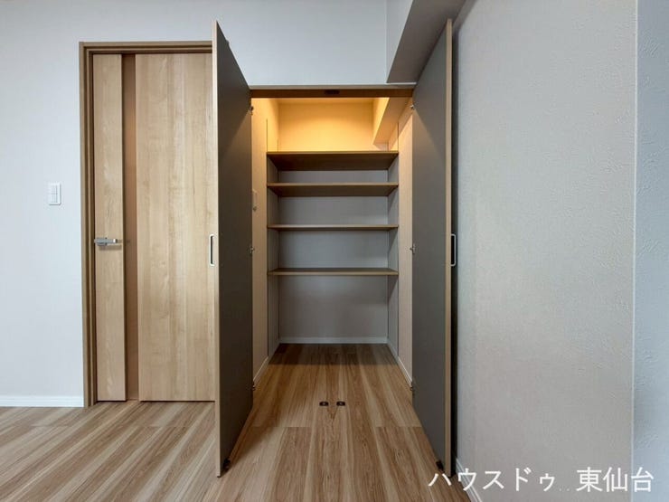 リビングの収納です♪棚付きで空間を有効に使用でき、手前には高さがあるものもしまえますね♪